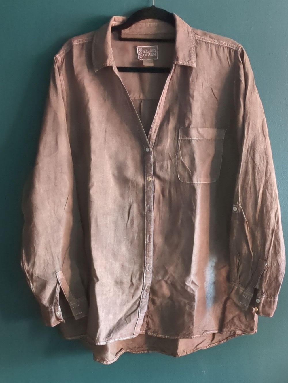 100% Linen Women's Charcoal Grey/Muted Brown Button-Down Long Sleeve Shirt